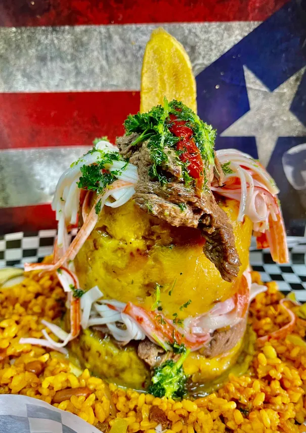 Mofongo tower with Puerto Rican flag